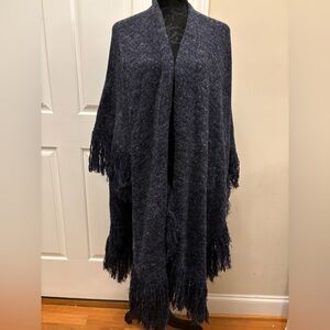 Heathered Navy & Grey Poncho Wrap Sweater with Fringe Details Warm One Size